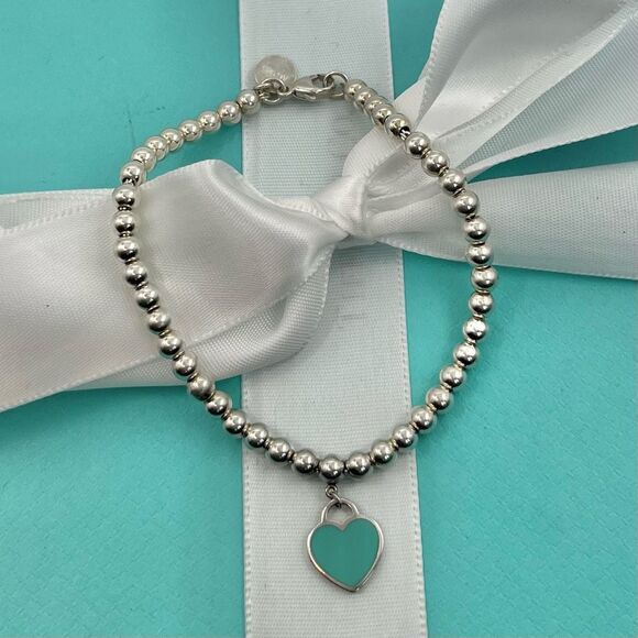 Tiffany & Co. Sterling Silver Return To Blue Enamel Heart Tag Bracelet 6.8” - Picture 13 of 14